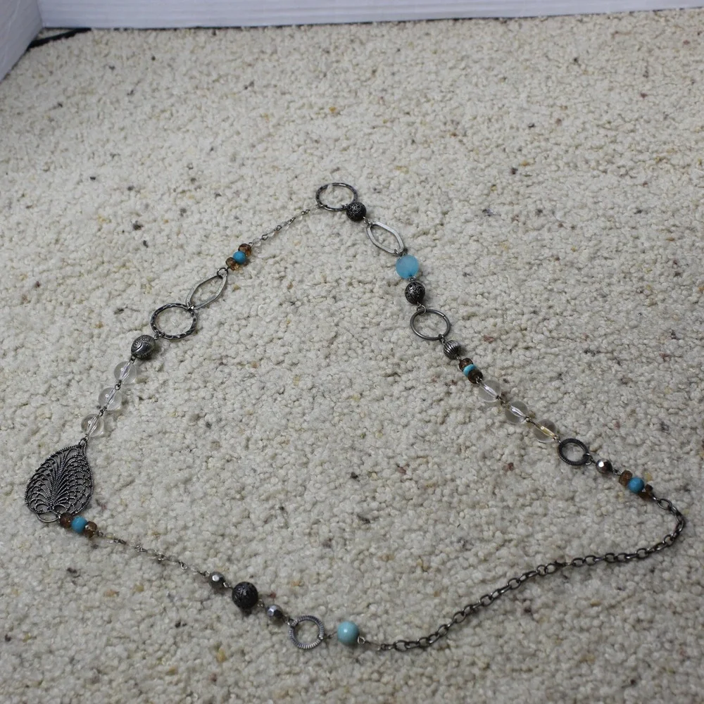 Long Station Necklace Filigree Leaf Turquoise Bead Silver Tone 34 Inch Boho OS
